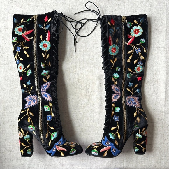 Alice + Olivia Shoes - Alice + Olivia Vesey Embroidered Velvet Knee High Lace Up Boots 37